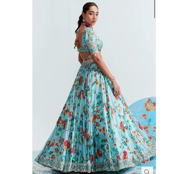 SOLD - Mahima Mahajan Blue Designer Lehenga & Blouse With Floral Design - Picture 5 of 10